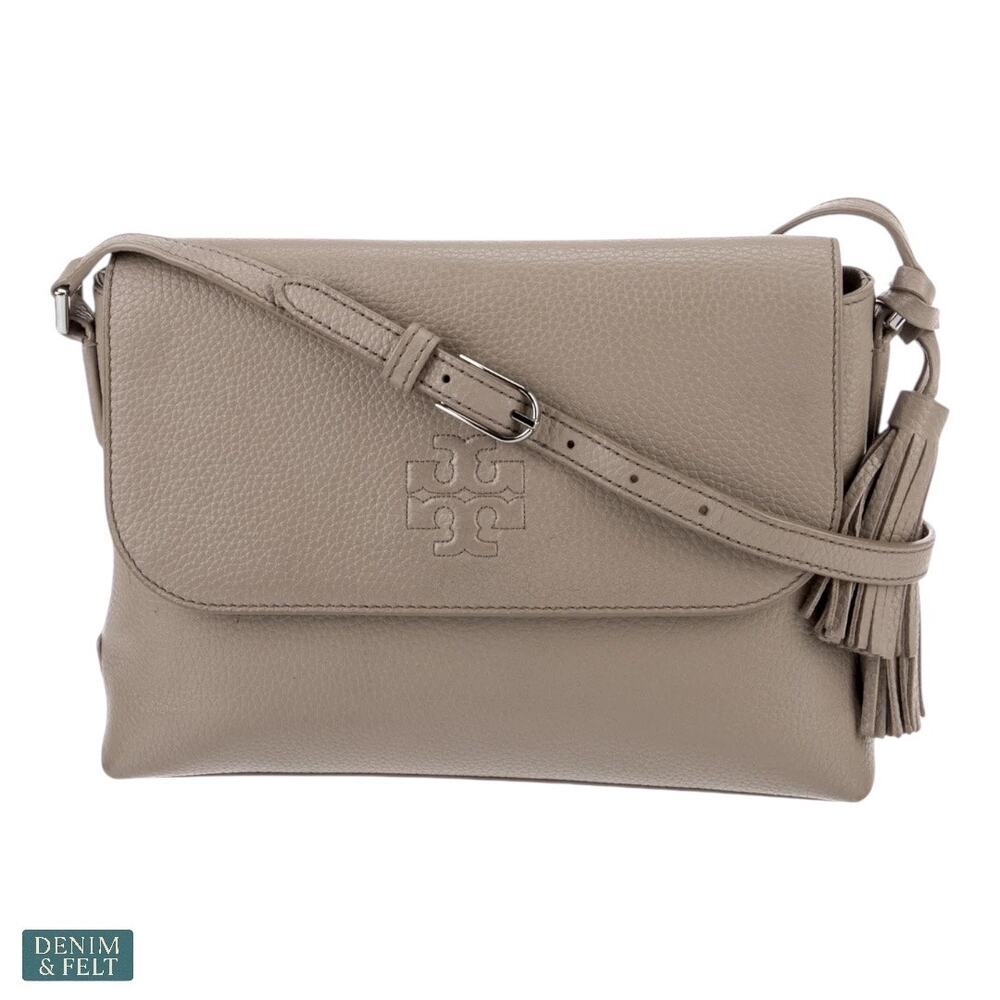 Tory Burch Thea Leather Foldover Crossbody Bag  Purse Gray Herron Tassel Neutral